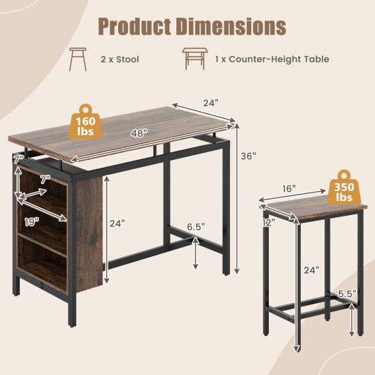 3 Pieces Dining Table Set with 3-Tier Storage Shelf and Metal Frame-Brown LuxuryLifeWay Online Store