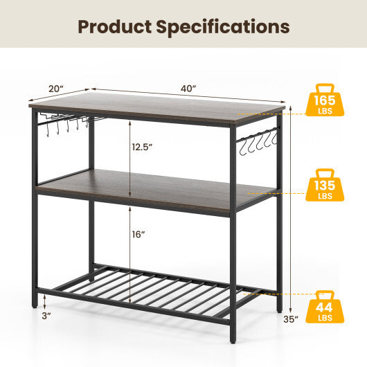 Kitchen Island with 3 Shelves Wine Glass Holders and 10 Hooks-Gray LuxuryLifeWay Online Store