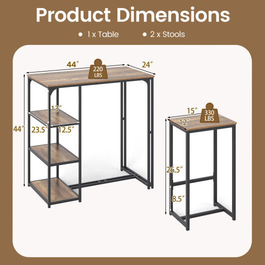 3-Piece Bar Table Set for 2 Bar-Height Dining Table with 2 Stools-Rustic Brown LuxuryLifeWay Online Store