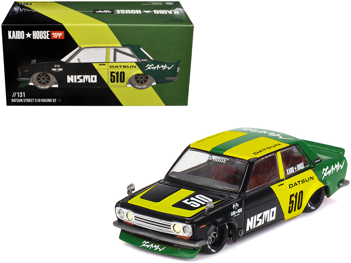Datsun Street 510 "Racing V2" Black and Green with Yellow Accents (Designed by Jun Imai) "Kaido House" Special 1/64 Diecast Model Car by Mini GT LuxuryLifeWay Online Store