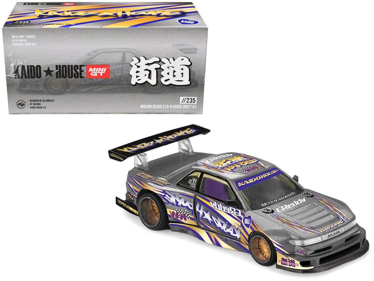 Nissan Silvia S13-R "Kaido Drift V1" RHD (Designed by Jun Imai) Gray Metallic with Graphics "Kaido House" Special 1/64 Diecast Model Car by Mini GT LuxuryLifeWay Online Store