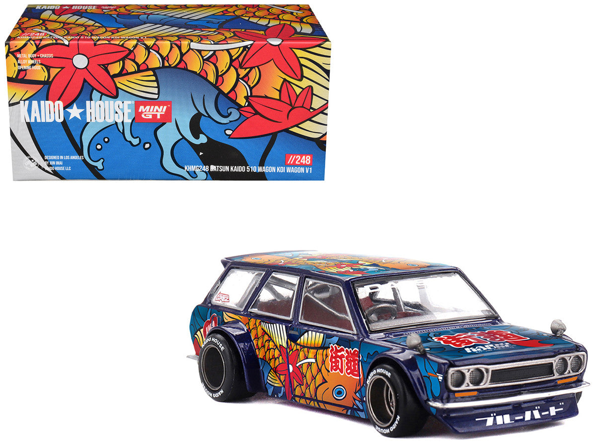 Datsun Kaido 510 Wagon RHD (Right Hand Drive) "Koi Wagon V1" Blue with Koi Fish Graphics (Designed by Jun Imai) "Kaido House" Special 1/64 Diecast Model Car by Mini GT LuxuryLifeWay Online Store