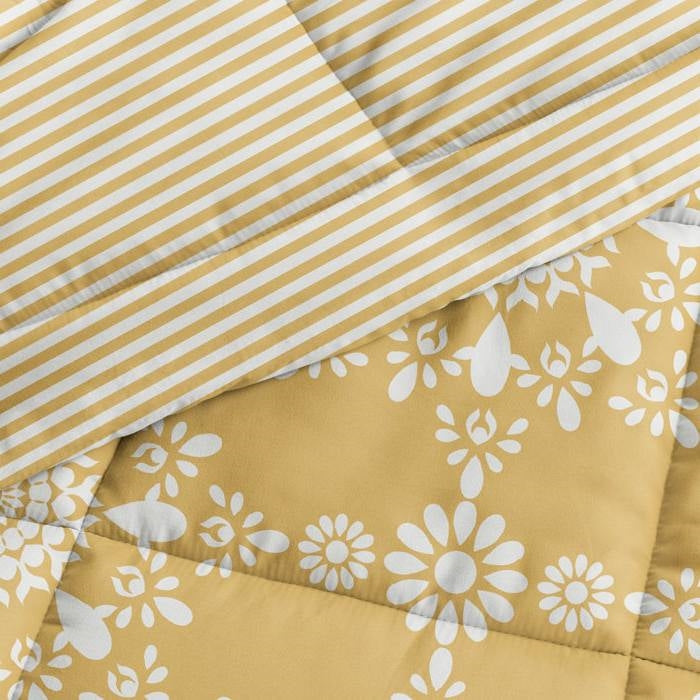 King Size 3 Piece Yellow Reversible Daisy Medallion Stripped Comforter Set LuxuryLifeWay Online Store
