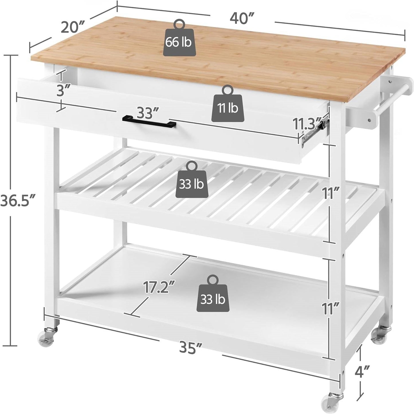 White Kitchen Island Cart with Drawer Storage Shelves and Locking Casters LuxuryLifeWay Online Store