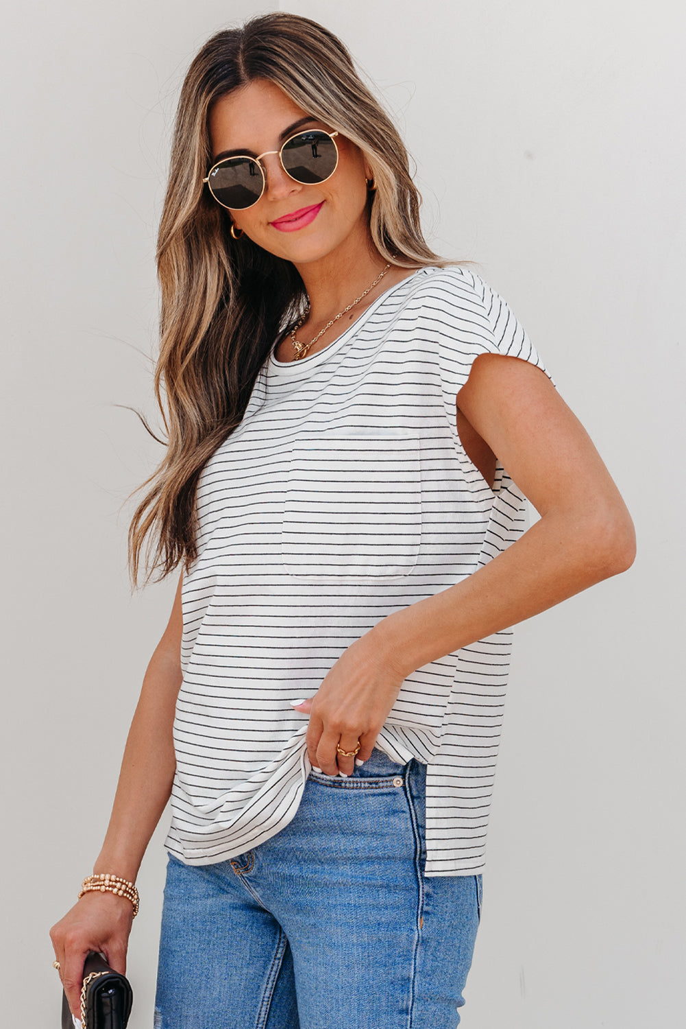 Tilly Stripe Cap Sleeve Crew Neck top LuxuryLifeWay Online Store