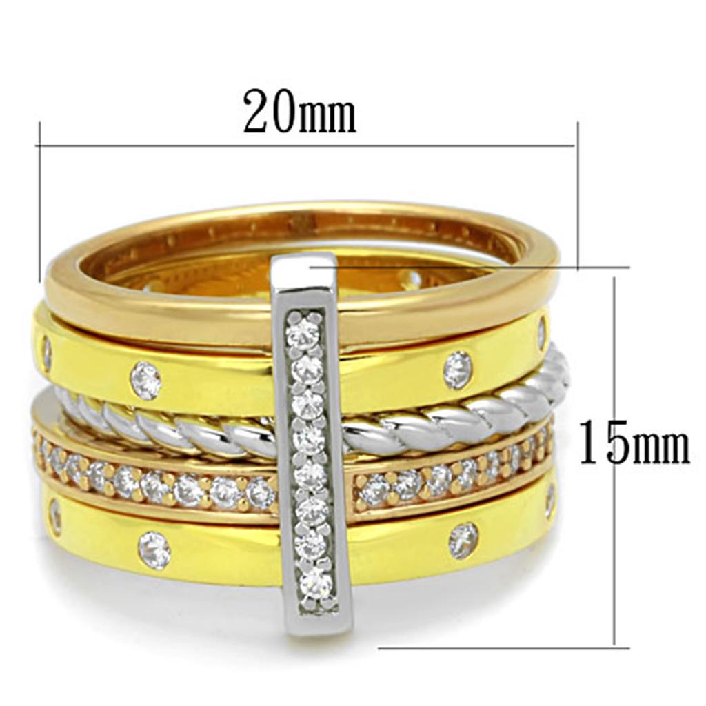 LOS810 - Rhodium + Gold + Rose Gold 925 Sterling Silver Ring with AAA Grade CZ in Clear LuxuryLifeWay Online Store