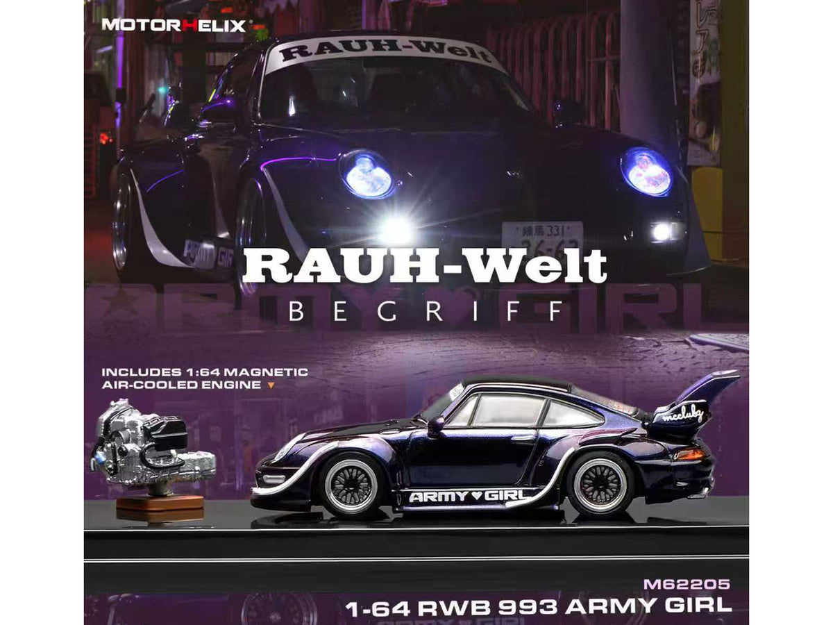 RWB 993 "Army Girl" Blue Metallic with White Accents and Display Engin 1/64 Diecast Model Car by MotorHelix LuxuryLifeWay Online Store