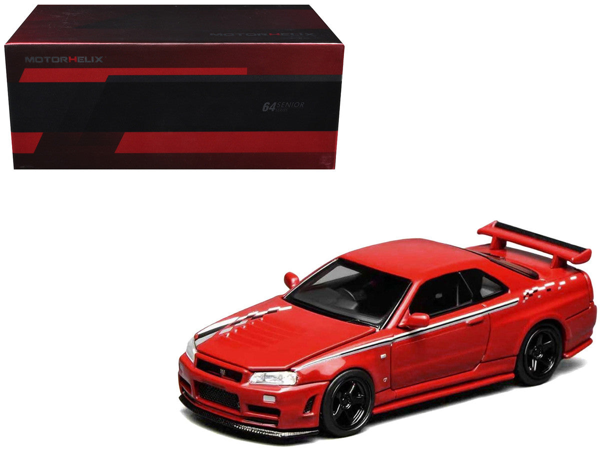 Nissan Skyline GT-R (R34) Nismo RHD (Right Hand Drive) Custom Red with Stripes "Senior 64" Series 1/64 Diecast Model Car by MotorHelix LuxuryLifeWay Online Store