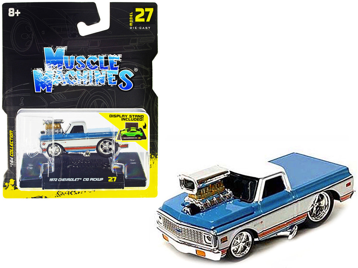 1972 Chevrolet C10 Pickup Truck Blue and White with Stripes 1/64 Diecast Model Car by Muscle Machines LuxuryLifeWay Online Store