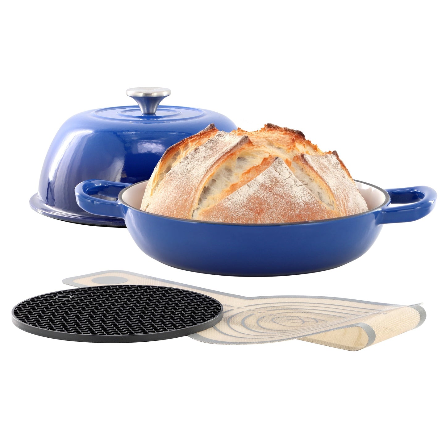 MegaChef 6 Quart Enameled Cast Iron Bread Pot in Blue with Baking Mat LuxuryLifeWay Online Store