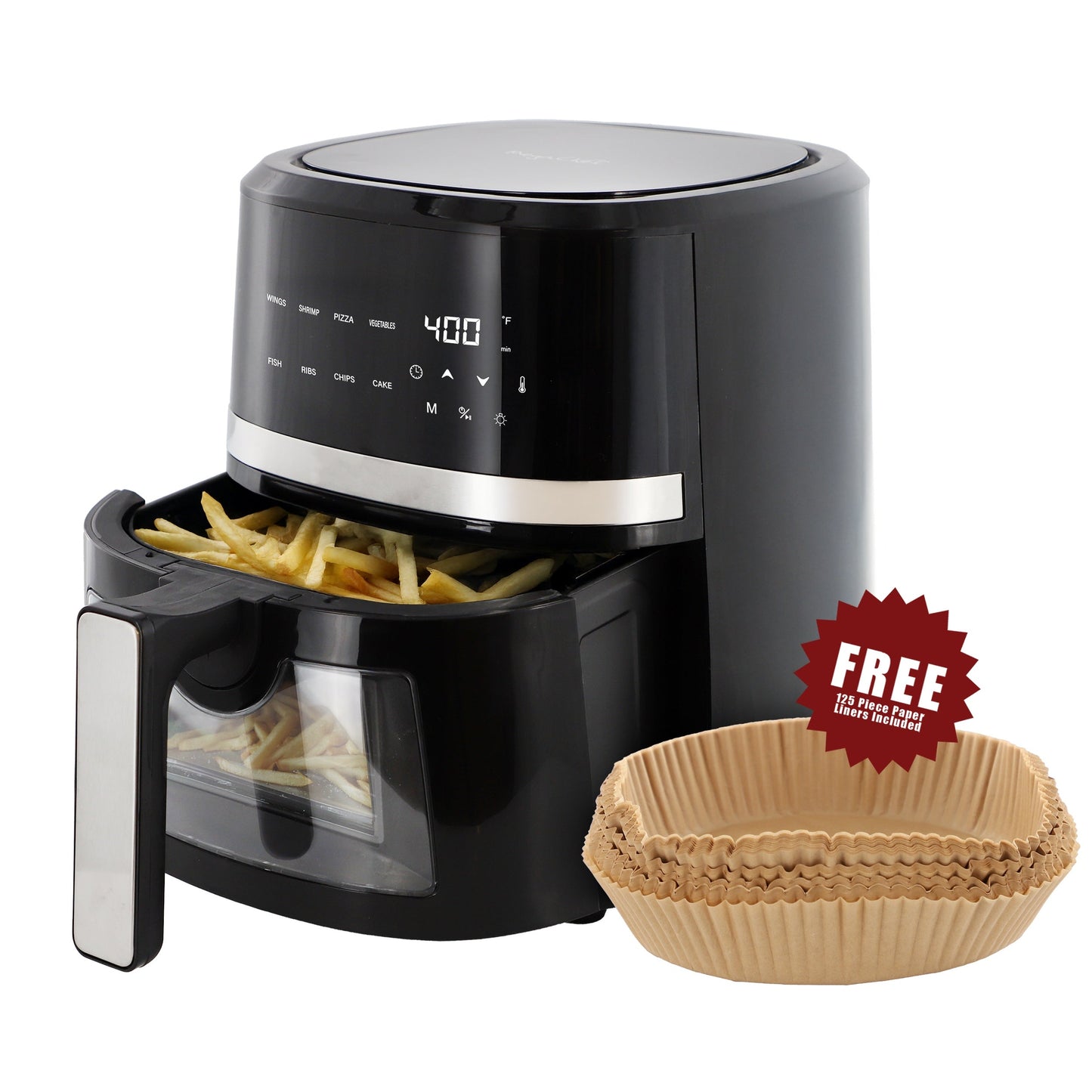 MegaChef 4 Quart Digital LED Display Electric Air Fryer with Transparent Window in Black with 125 Piece Paper Liners LuxuryLifeWay Online Store
