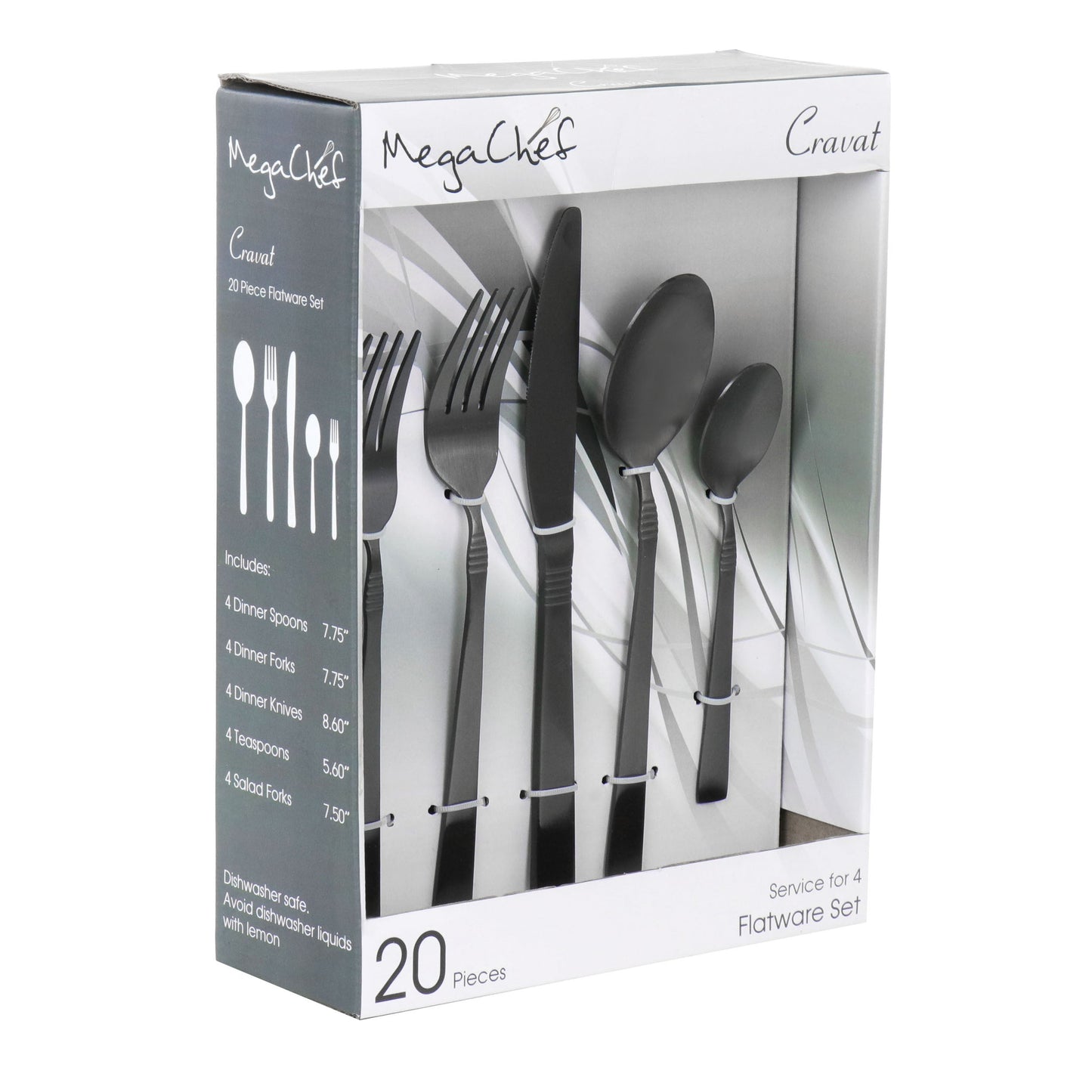 MegaChef Cravat 20 Piece Flatware Utensil Set, Stainless Steel Silverware Metal Service for 4 in Matte Black LuxuryLifeWay Online Store