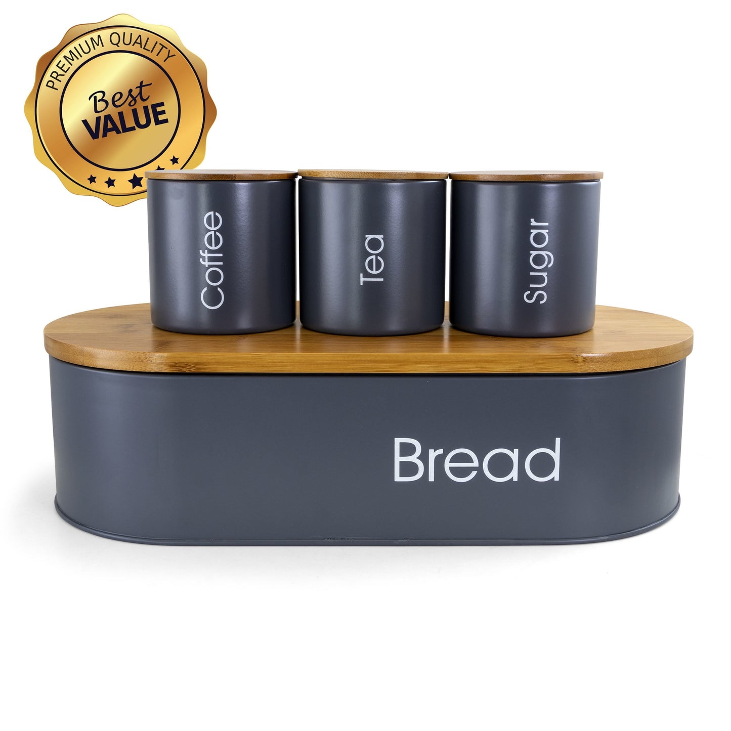 MegaChef Bamboo Kitchen Countertop 4 Piece Metal Bread Basket and Canister Set in Gray with Lids LuxuryLifeWay Online Store