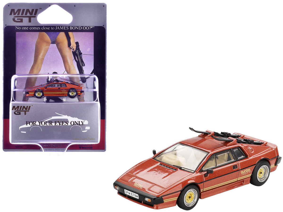 Lotus Esprit Turbo RHD (Right Hand Drive) Copper Fire Metallic with Skiis 007 James Bond "For Your Eyes Only" (1981) Movie Limited Edition 1/64 Diecast Model Car by Mini GT LuxuryLifeWay Online Store