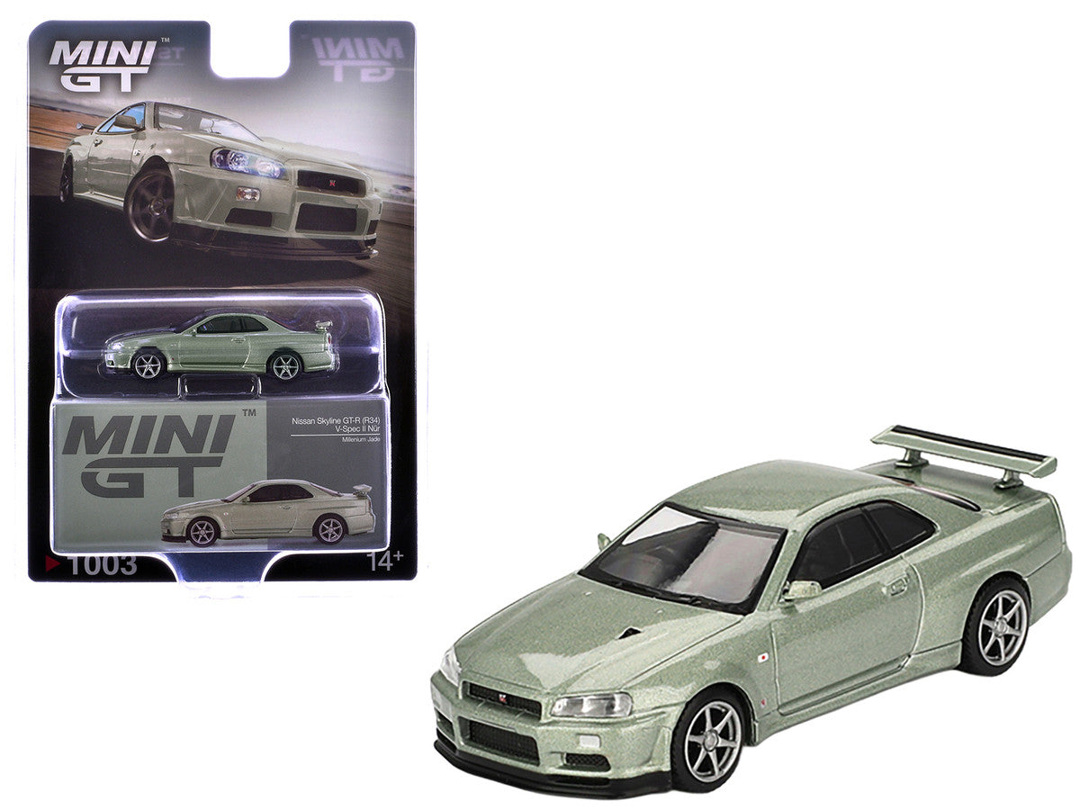 Nissan Skyline GT-R (R34) V-Spec II Nur RHD (Right Hand Drive) Millenium Jade Metallic Limited Edition 1/64 Diecast Model Car by Mini GT LuxuryLifeWay Online Store