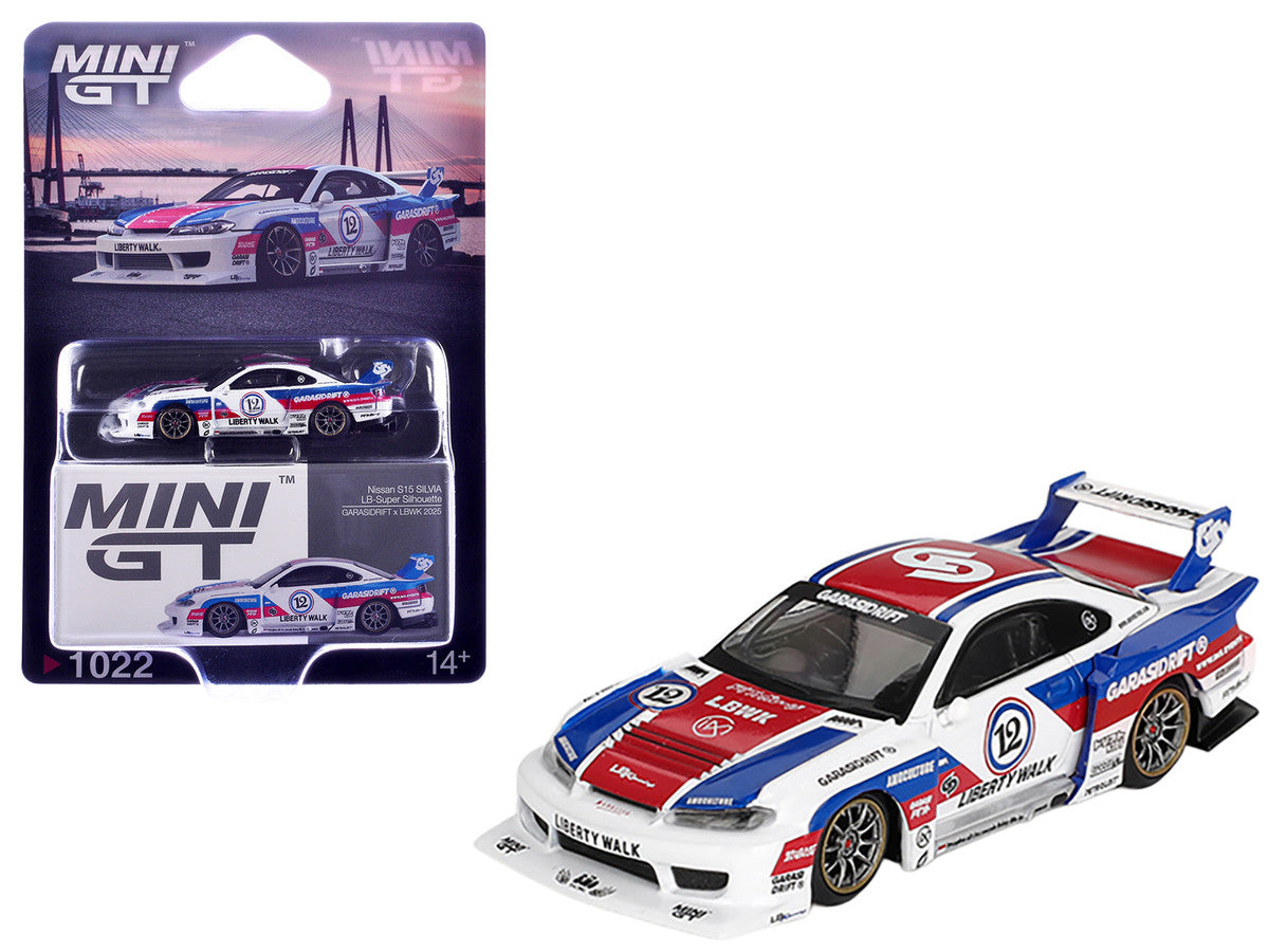 Nissan "LB-Super Silhouette" S15 SILVIA RHD (Right Hand Drive) "GARASIDRIFT x LBWK 2025" White with Blue and Red Stripes Limited Edition 1/64 Diecast Model Car by Mini GT LuxuryLifeWay Online Store