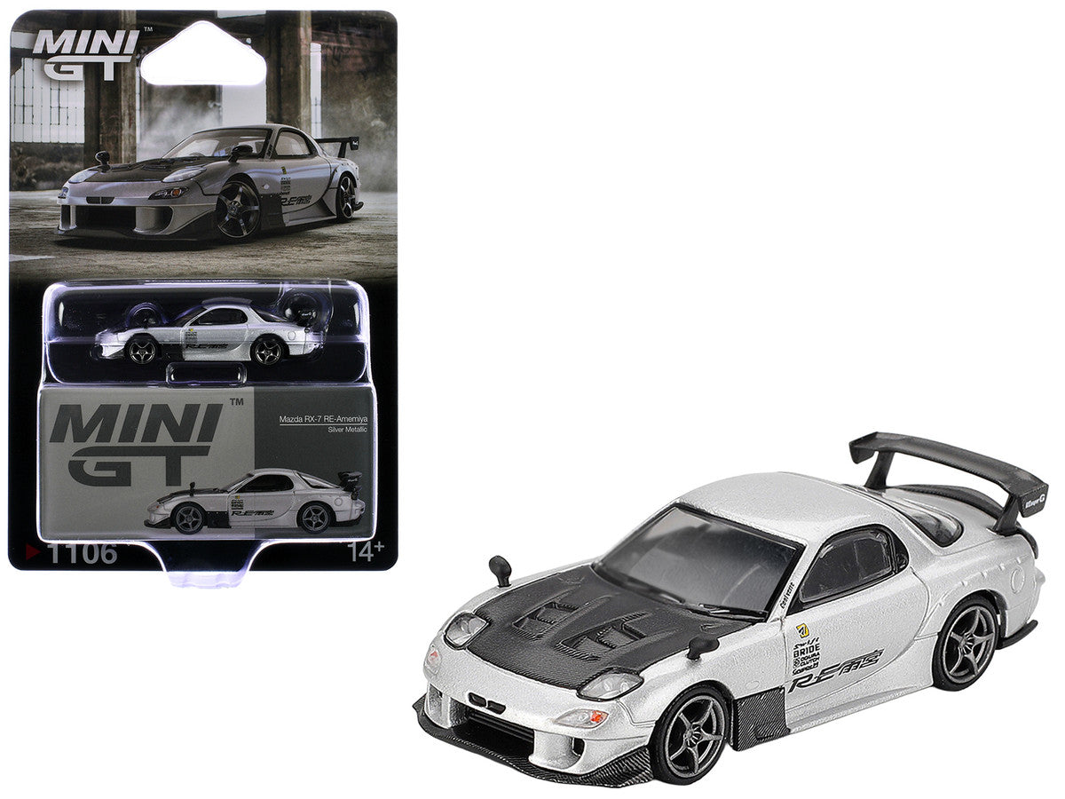 Mazda RX-7 RE-Amemiya Silver Metallic with Matt Black Hood Limited Edition 1/64 Diecast Model Car by Mini GT LuxuryLifeWay Online Store