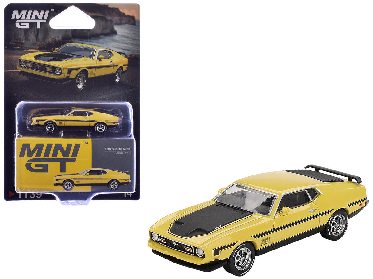 Ford Mustang Mach 1 Grabber Yellow with Black Hood and Stripes Limited Edition 1/64 Diecast Model Car by Mini GT LuxuryLifeWay Online Store