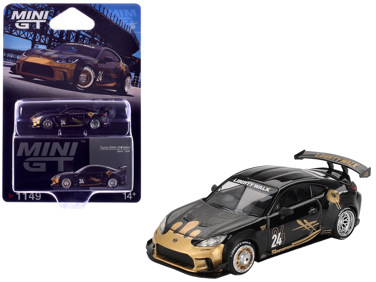 Toyota GR86 "LB-Nation - Liberty Walk" #24 Black with Carbon Hood and Gold Graphics Limited Edition 1/64 Diecast Model Car by Mini GT LuxuryLifeWay Online Store
