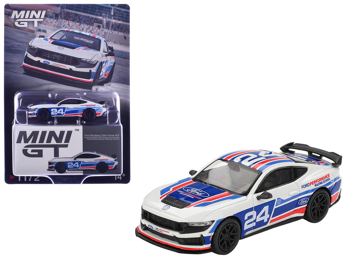 Ford Mustang Dark Horse #24 "Ford Performance Racing School" White with Red and Blue Graphics Limited Edition 1/64 Diecast Model Car by Mini GT LuxuryLifeWay Online Store