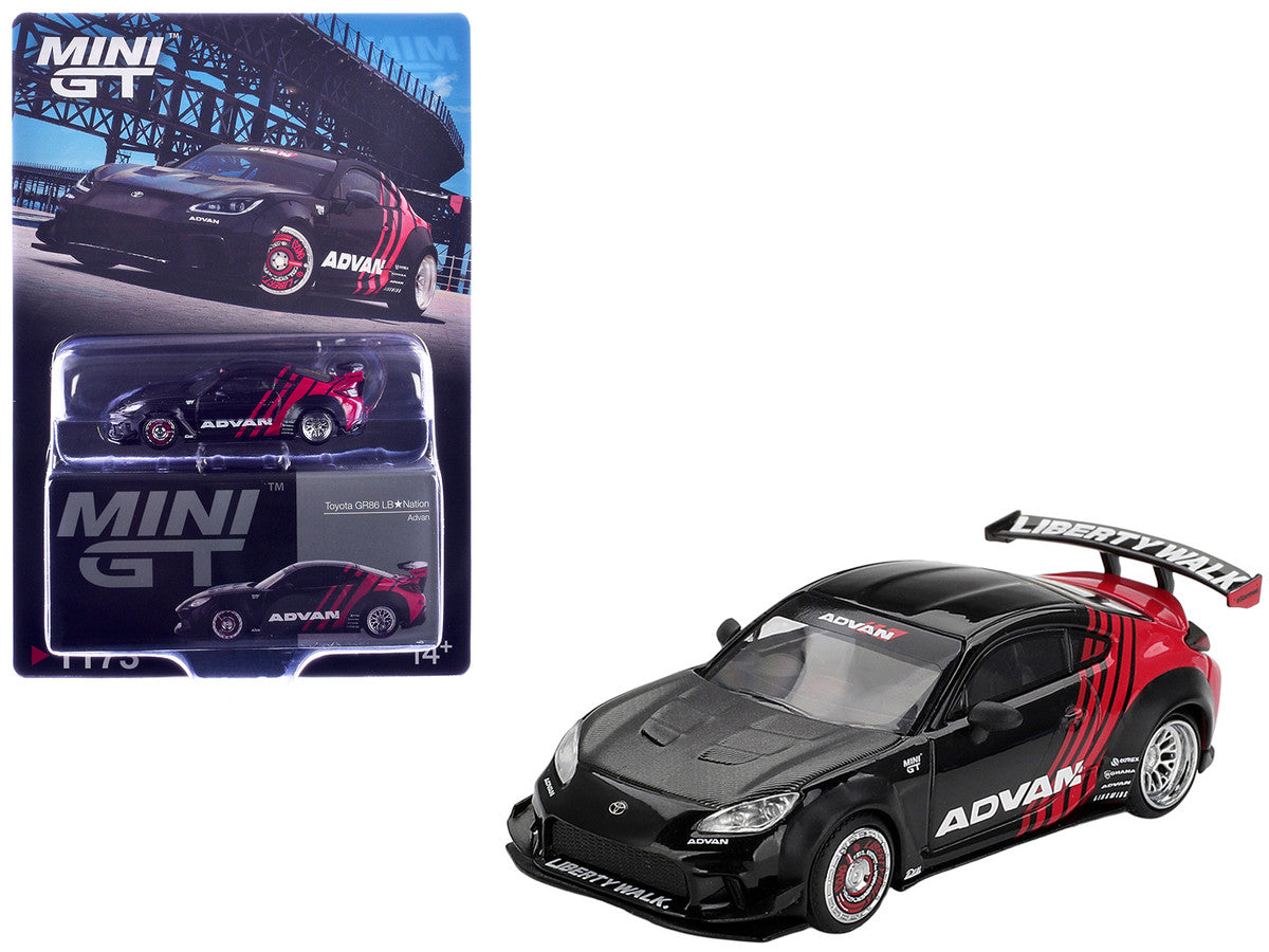 Toyota GR86 "LB-Nation - Liberty Walk" RHD (Right Hand Drive) "ADVAN" Black and Red with Carbon Hood Limited Edition 1/64 Die Cast Model Car by Mini GT LuxuryLifeWay Online Store