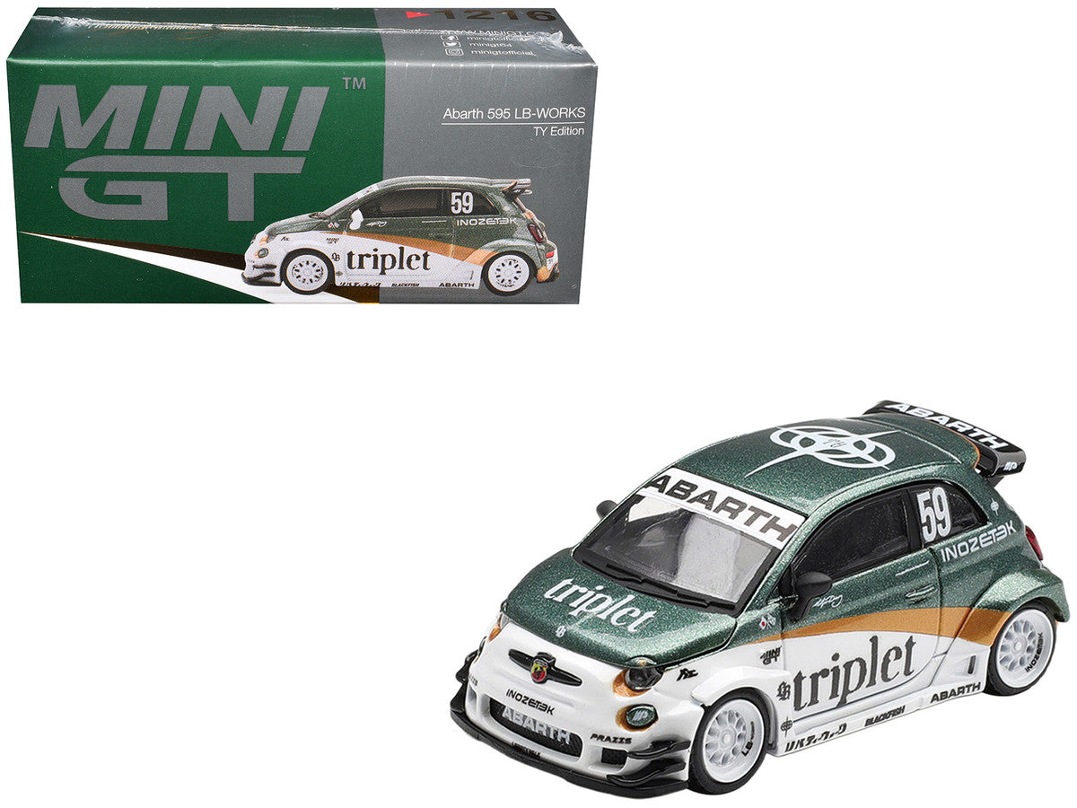 Abarth 595 LB-Works "TY Edition" #59 Green Metallic and White with Gold Stripes and Graphics Limited Edition 1/64 Die Cast Model Car by Mini GT LuxuryLifeWay Online Store