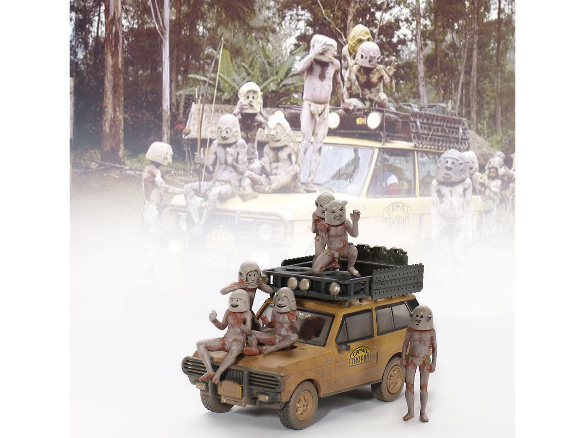 Range Rover with Roofrack Tan (Dirty Version) "Camel Trophy - Papua New Guinea Team USA" (1982) with "Papua New Guinea Asaro Mudmen" 6 piece Figure Set 1/64 Diecast Model Car by Mini GT LuxuryLifeWay Online Store
