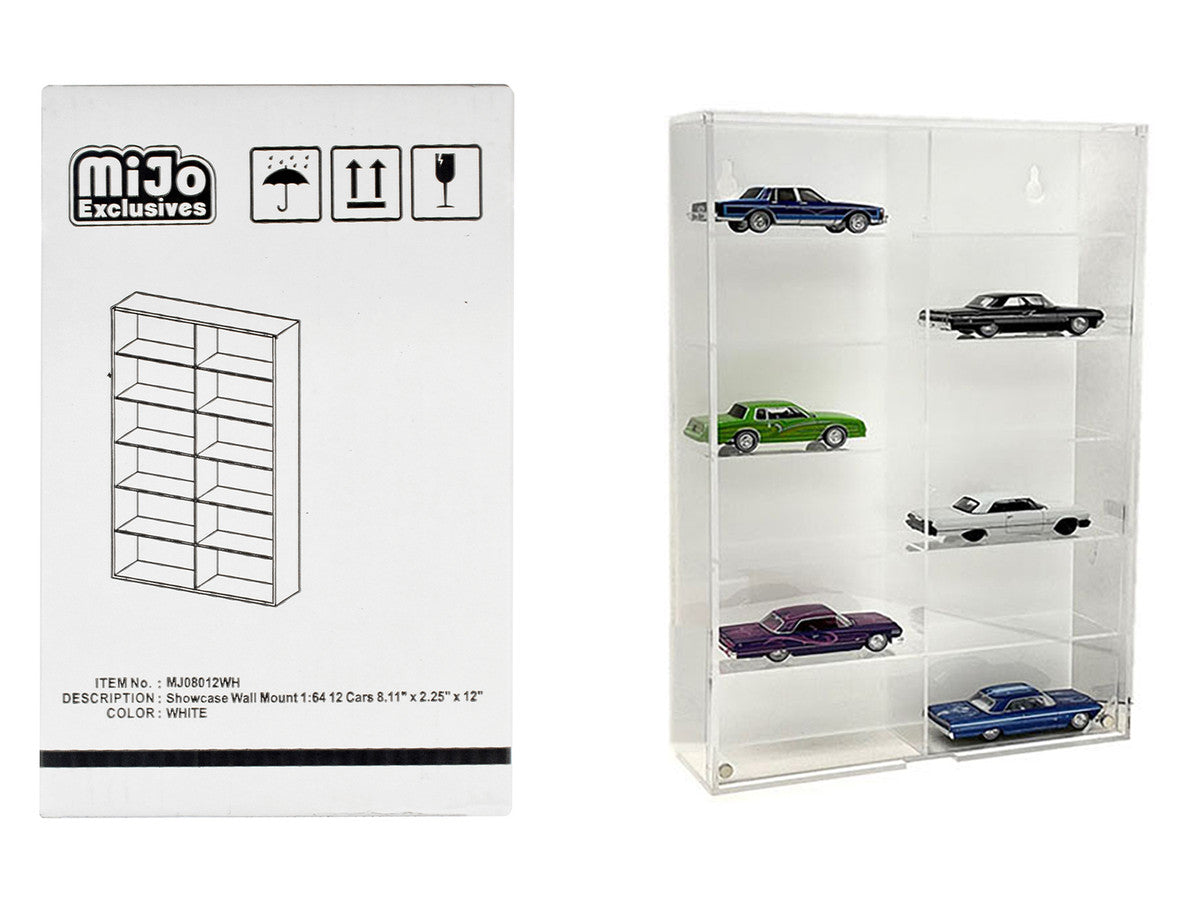 Showcase 12 Car Display Case Wall Mount with White Back Panel "Mijo Exclusives" for 1/64 Scale Models LuxuryLifeWay Online Store