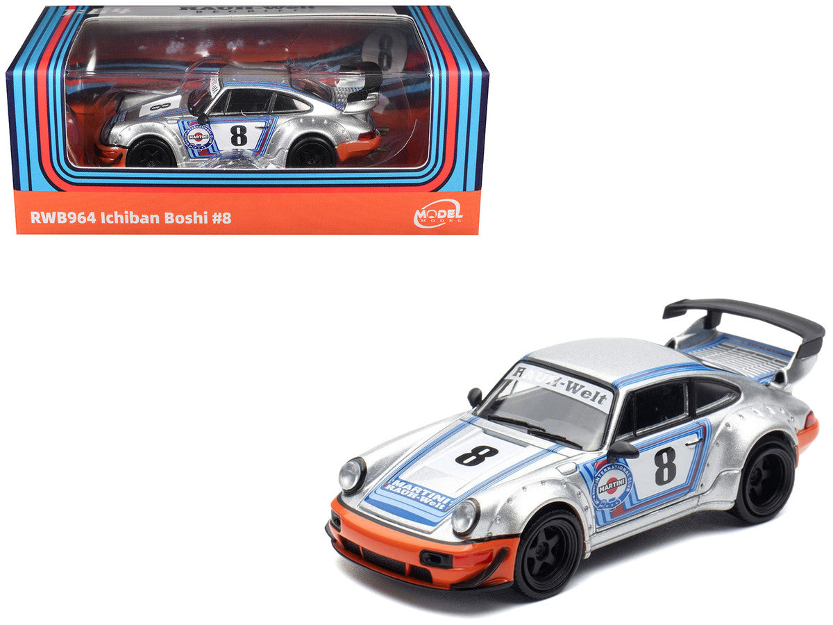 RWB 964 #8 "Ichiban Boshi - Martini Racing" Silver Metallic with Stripes 1/64 Diecast Model Car by Model Model LuxuryLifeWay Online Store