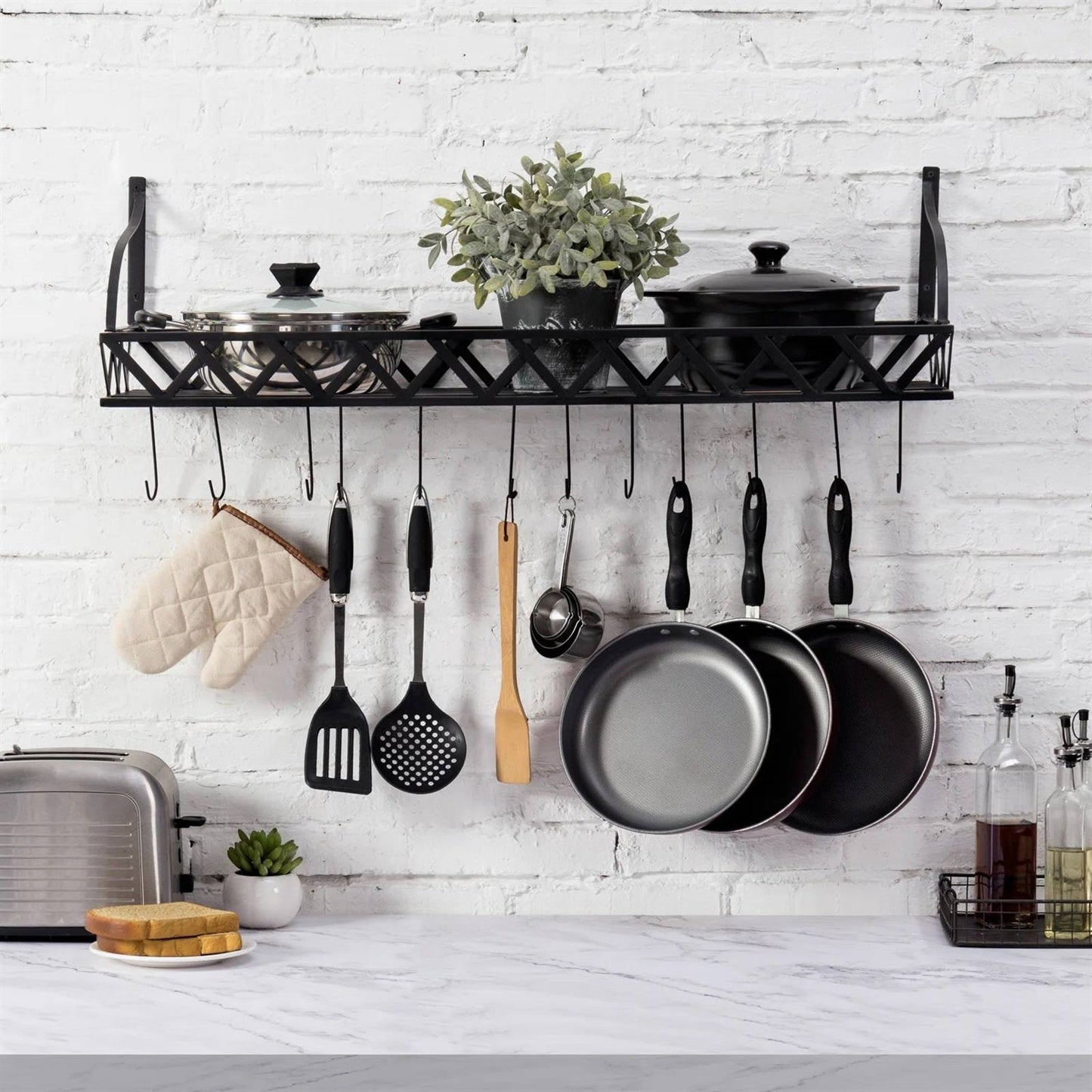 Black Metal Rectangular Wall Mounted Kitchen Pot Rack with 12 Hanging Hooks LuxuryLifeWay Online Store