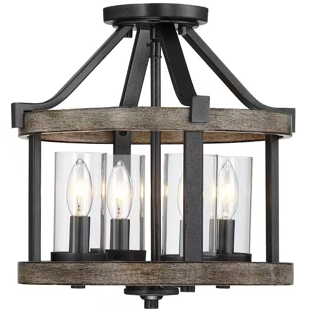 Round 4-Light 12.5-inch Metal Wood Farmhouse Ceiling Lamp - Semi-Flush Mount LuxuryLifeWay Online Store