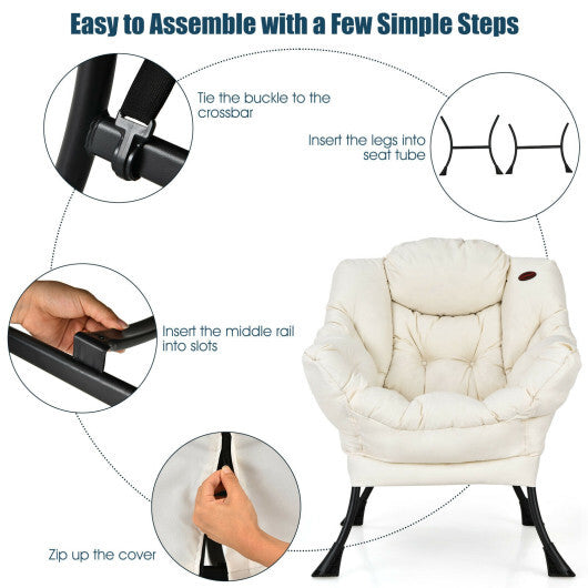 Modern Polyester Fabric Lazy Chair with Steel Frame and Side Pocket-Beige - Color: Beige LuxuryLifeWay Online Store
