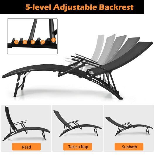2 Pieces Patio Folding Stackable Lounge Chair Chaise with Armrest-Black LuxuryLifeWay Online Store