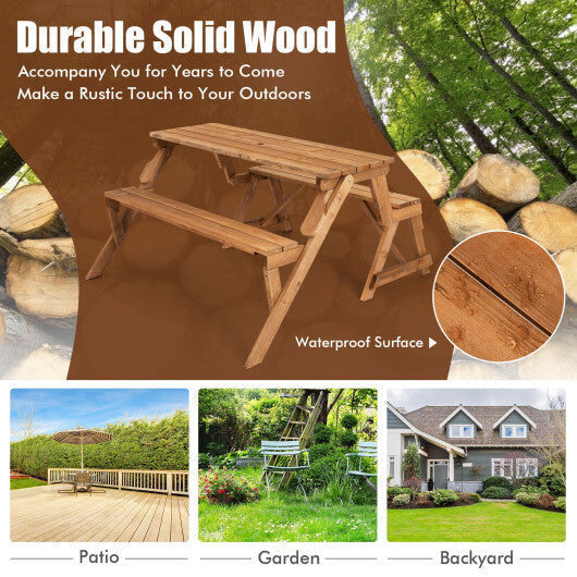 2-in-1 Transforming Interchangeable Wooden Picnic Table Bench with Umbrella Hole-Dark Brown LuxuryLifeWay Online Store
