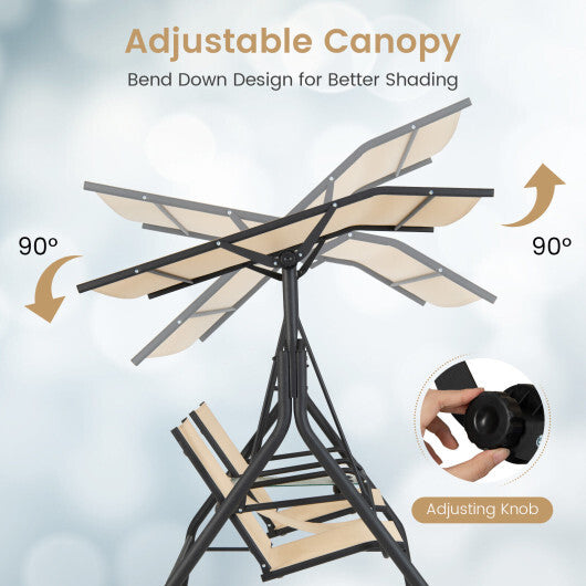 2-Seat Outdoor Cushioned Porch Swing with Adjustable Canopy and Tempered Glass Table-Beige LuxuryLifeWay Online Store