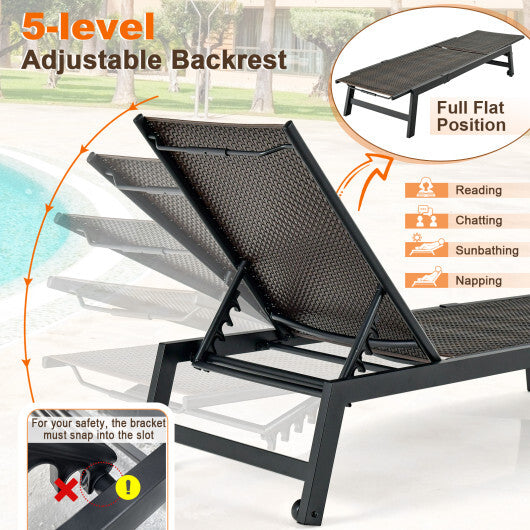 Patio PE Rattan Chaise Lounge with 5-Level Backrest and Wheels-Brown LuxuryLifeWay Online Store