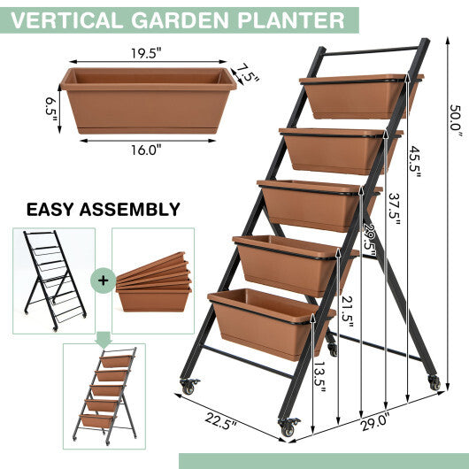 5-Tier Vertical Raised Garden Bed with Wheels and Container Boxes-Brown LuxuryLifeWay Online Store