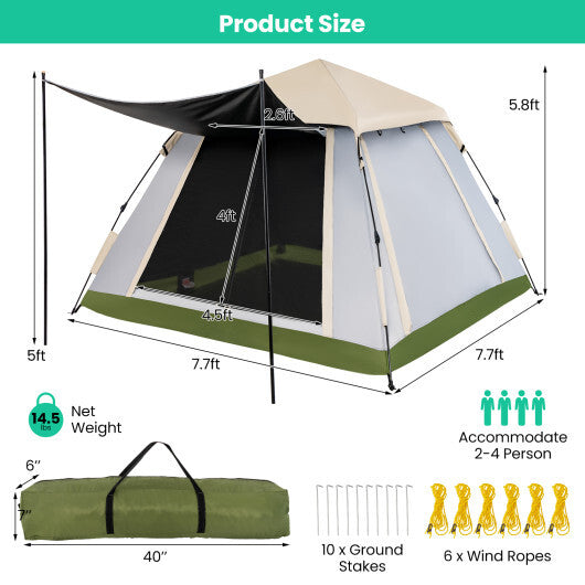 2-4 Person Instant Pop-up Camping Tent with Removable Rainfly - Color: Beige LuxuryLifeWay Online Store