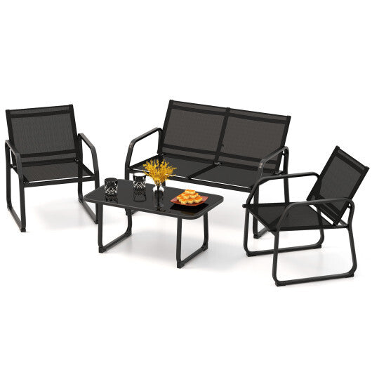 4 Pieces Patio Conversation Set with Breathable Fabric Seat and Tempered Glass Tabletop-Black LuxuryLifeWay Online Store