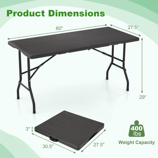 5FT Folding Picnic Table with Wood Grain HDPE Tabletop and Non-slip Foot Pads-Black LuxuryLifeWay Online Store