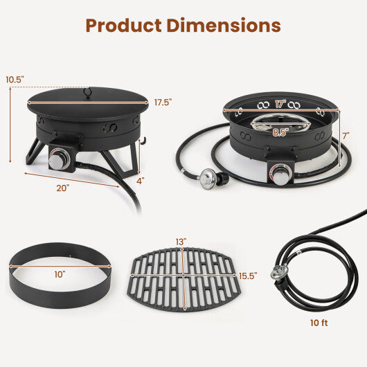 17 Inch Portable Gas Fire Pit with Folding Legs and Removable Grill for Camping-Black LuxuryLifeWay Online Store