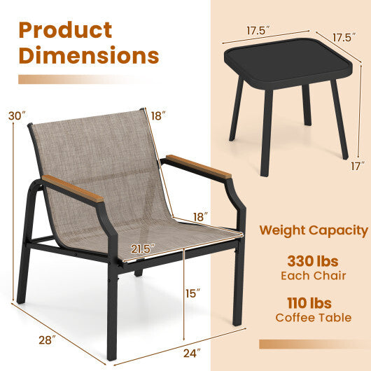 3 Piece Outdoor Chair Set with Breathable Fabric Seat and Armrests-Brown LuxuryLifeWay Online Store