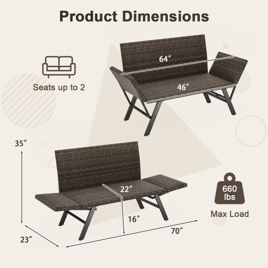 Patio Convertible Sofa for 2 Quick Dry Foam Padded Rattan with Armrests-Gray LuxuryLifeWay Online Store