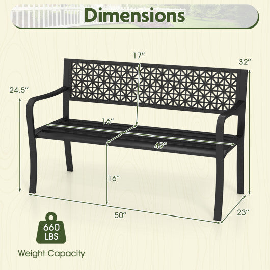 50 Inch Garden Bench with Patterned Backrest and Curved Armrests for 2-3 Person-Black LuxuryLifeWay Online Store