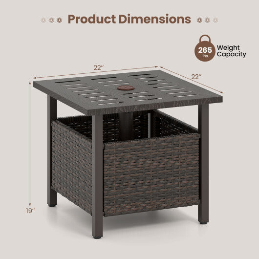 Outdoor Side Table All-Weather PE Wicker Patio Table with Umbrella Hole-Brown