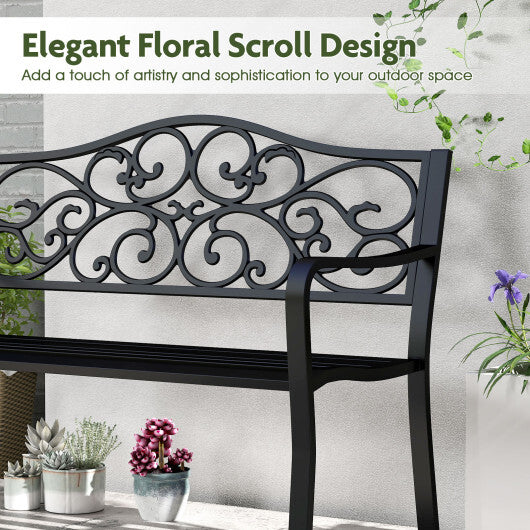 50 Inches Outdoor Cast Iron Metal Patio Bench with Floral Design Backrest and Slatted Seat-Black LuxuryLifeWay Online Store