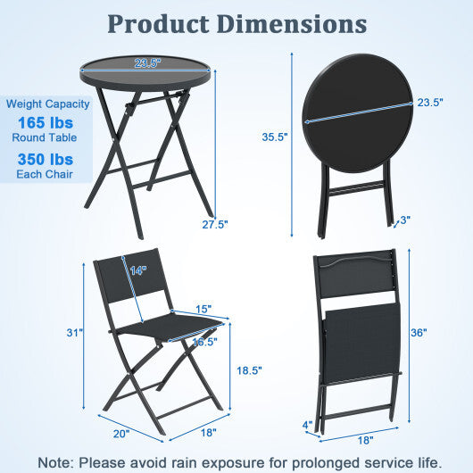 3 Piece Outdoor Folding Patio Bistro Set with Tempered Glass Coffee Table and 2 Patio Chairs LuxuryLifeWay Online Store