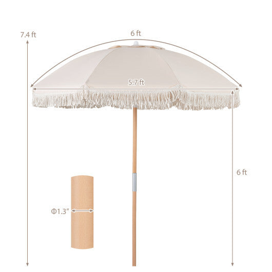 6 Feet Patio Umbrella with Fringe with Push Button Tilt and Wood Pole-Beige LuxuryLifeWay Online Store