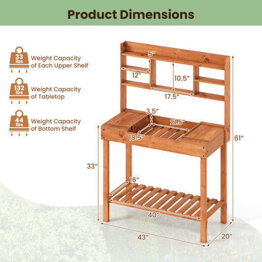 Wooden Potting Bench Table 61" Garden Planting Workstation with 3-Tier Open Shelf-Brown