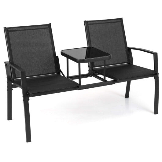 Patio Loveseat with Built-in Table with Breathable Fabric Back-Black LuxuryLifeWay Online Store